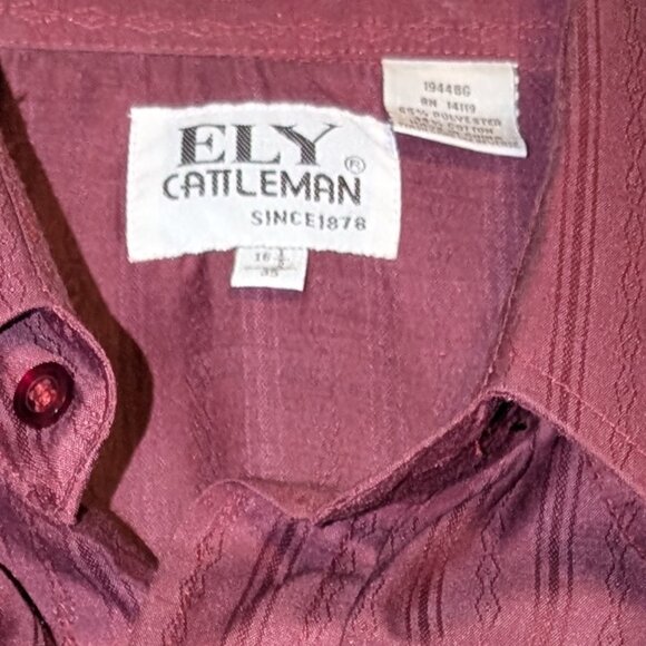 Vtg Ely Cattleman Burgundy Pearl Snap Western Cowboy  Shirt Mens L 16 1/2 - 35 - Picture 2 of 3